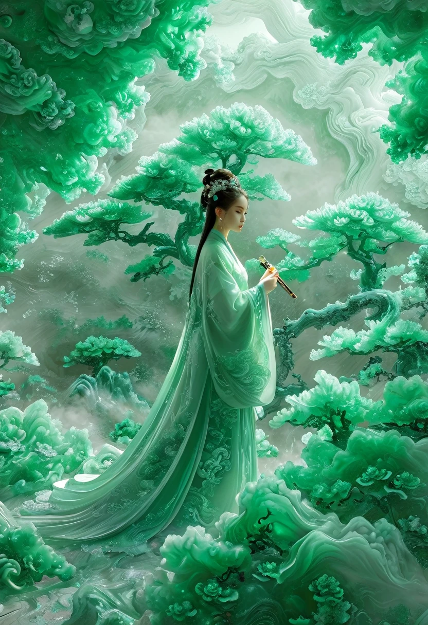 Jade Fractal,luminescent,1 Girl,。(Best quality,4K,8K,A high resolution,Masterpiece:1.2), (Realistic,Photorealistic,photo-realistic:1.37).,Shiny,Exquisite,Monster,Unreal Engine 5,Texture,A three-dimensional character wearinghanfu,minimalism and abstract illustration, chinese ink painting style, chinese xuan paper texture, light penetrate the air, Fractals effect, Phosphore scence effect