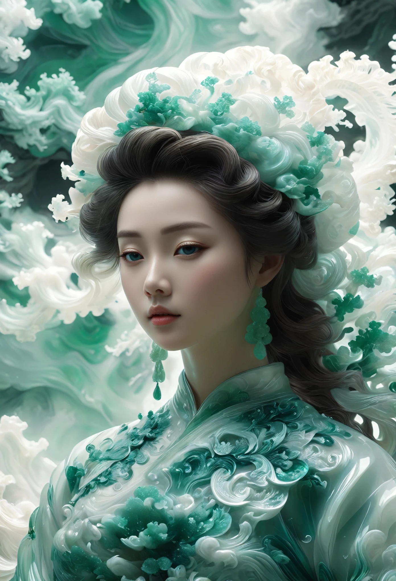 Jade Fractal,luminescent,1 Girl,。(Best quality,4K,8K,A high resolution,Masterpiece:1.2), (Realistic,Photorealistic,photo-realistic:1.37).,Shiny,Exquisite,Monster,Unreal Engine 5,Texture,A three-dimensional character wearinghanfu,minimalism and abstract illustration, chinese ink painting style, chinese xuan paper texture, light penetrate the air, Fractals effect, Phosphore scence effect