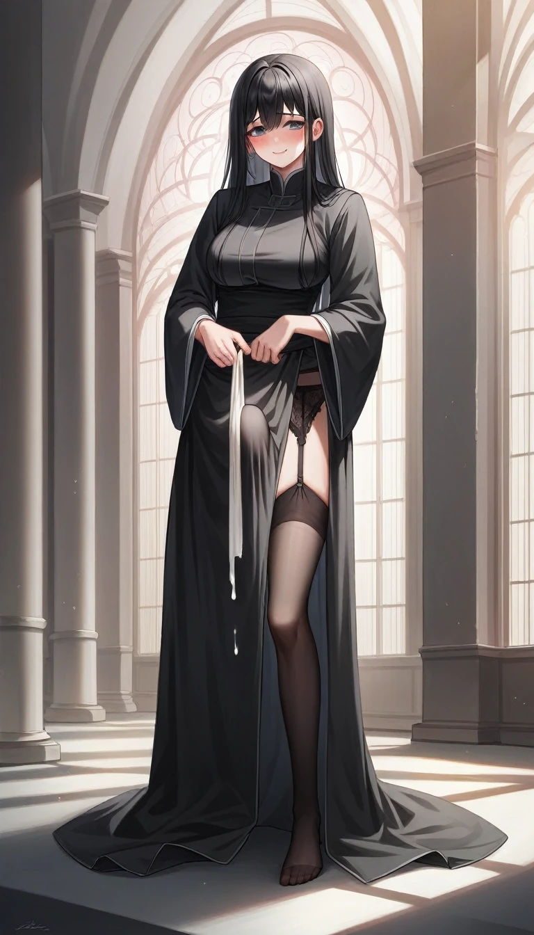 (extremely detailed CG unity 4k wallpaper),(masterpiece),(best quality),(ultra-detailed),(best illustration),(best shadow),(absurdres),(detailed background), black kimono, big bulge futanari, cumming under cloth, Detailed face, Detailed hair, Japanese, shy, blush, smile, Rich, Mansion setting, long black hair, black garter belt, black stocking