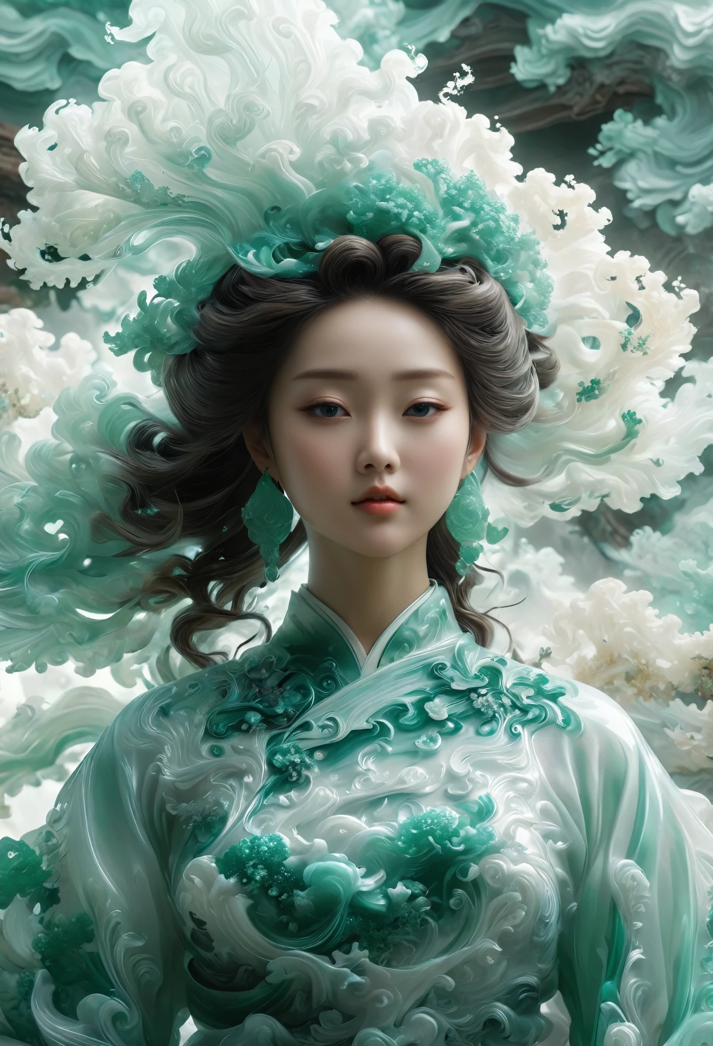 Jade Fractal，luminescent，1 Girl，。(Best quality,4K,8K,A high resolution,Masterpiece:1.2), (Realistic,Photorealistic,photo-realistic:1.37).，Shiny，Exquisite，Monster，Unreal Engine 5，Texture，A three-dimensional character wearinghanfu,minimalism and abstract illustration, chinese ink painting style, chinese xuan paper texture, light penetrate the air, Fractals effect, Phosphore scence effect
