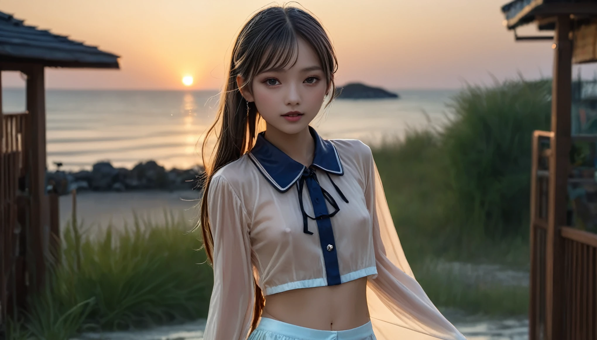 8k, high resolution, masterpiece, ultra-detailed, (ager, 15 Yrely legal, tanned skin), (sheer oversized blouse, plain, short, wide neckline, deep neckline, random color, bikini underneath), (cozy cabana, shiny silky sheets, outdoor), (tropical ressort after a swim, wet), (small breasts, small hips, detailed face, long ponytail hair, tattoos, very thin leather collar), at night, full body shot, view from distance, random pose