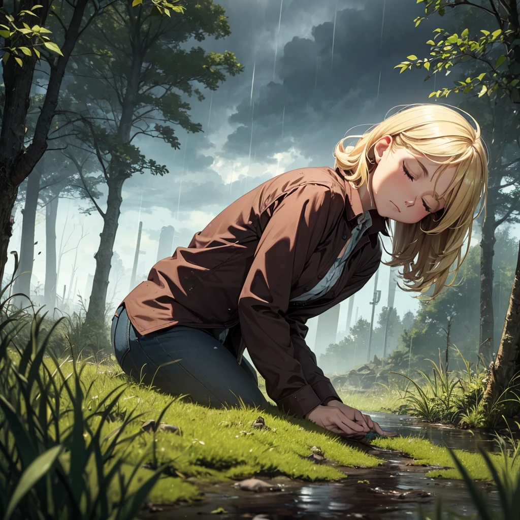 drowned in mud, bog, grass, trees, muck, orgasm, looking up, eyes closed, mouth open, stormy weather, Solo, From Side, wearing flannel shirt unbuttoned, blonde hair in ponytail