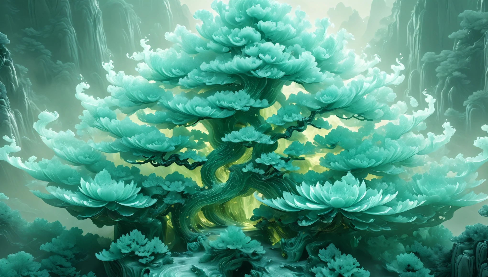 Jade Fractal,luminescent,1 Girl,。(Best quality,4K,8K,A high resolution,Masterpiece:1.2), (Realistic,Photorealistic,photo-realistic:1.37).,Shiny,Exquisite,Monster,Unreal Engine 5,Texture,A three-dimensional character wearinghanfu,minimalism and abstract illustration, chinese ink painting style, chinese xuan paper texture, light penetrate the air, Fractals effect, Phosphore scence effect