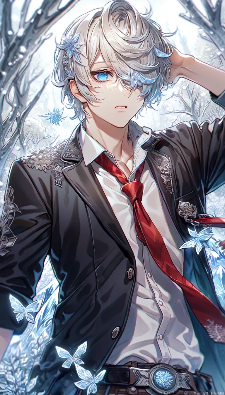 absurd resolution, high resolution, ultra detailed, detailed eyes, extremely detailed, HDR, 8K, delicated features, Jack Rutherford, white hair, hair gelled back, hair over the right eye, the tips of his hair are blonde, expressive blue eyes, Code Vein, solo, sexy man, handsome, striped black and white unbuttoned dress shirt, black jacket, a red untied necktie, ice, cold, ice butterflies, ice flower, ice petals, ice trees, ice world