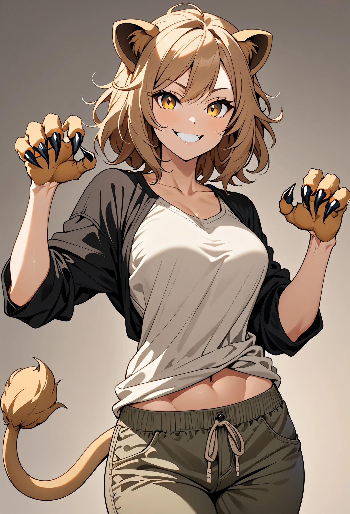 solo female, lion girl, lion ears and tail, short wild sandy hair, hazel eyes, fit, broad shoulders, narrow waist, curvaceous, tomboy, smile, furry claws, medium shot, casual clothes