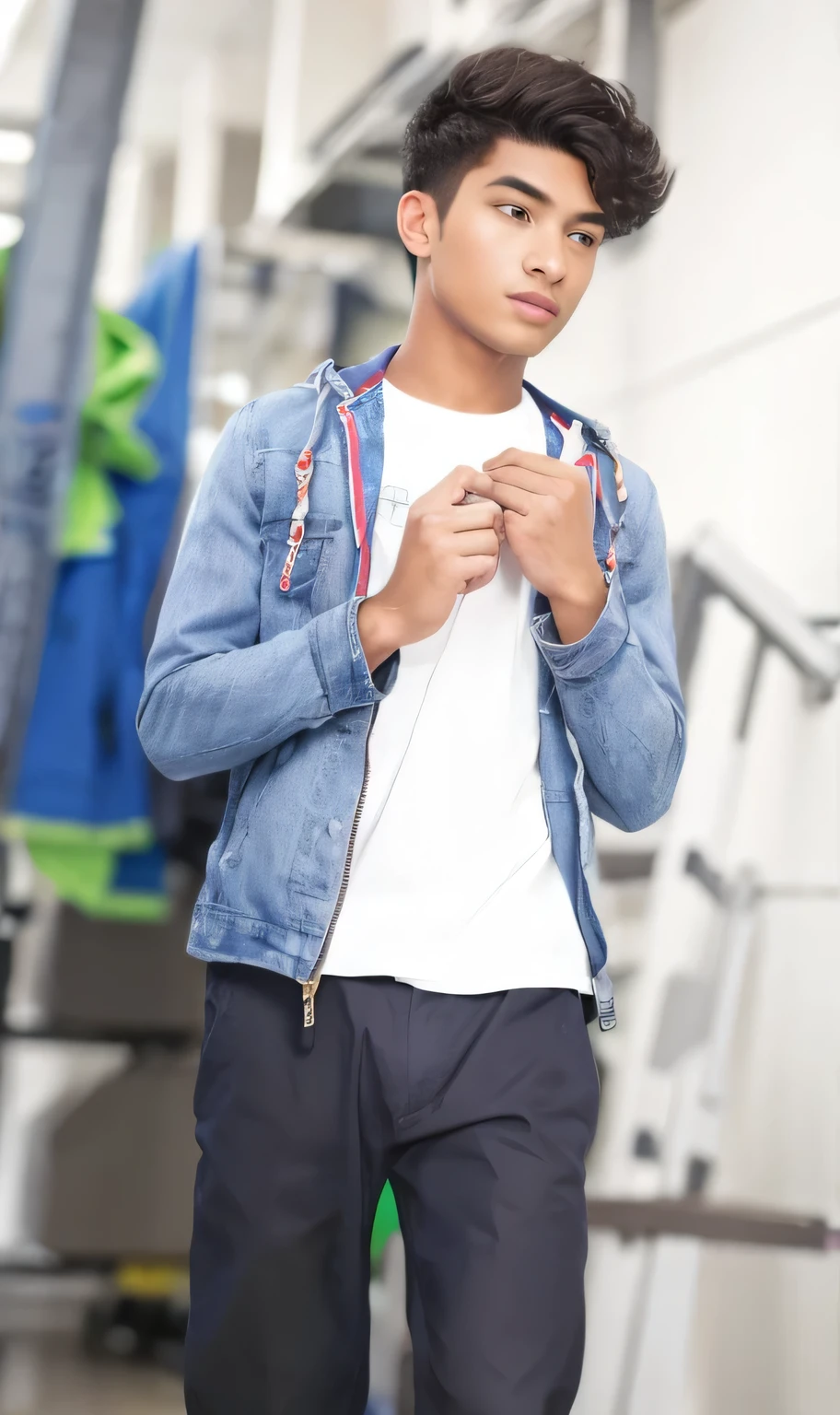 A young man wearing a blue jacket with a white shirt underneath stands in a room with a blurry background.