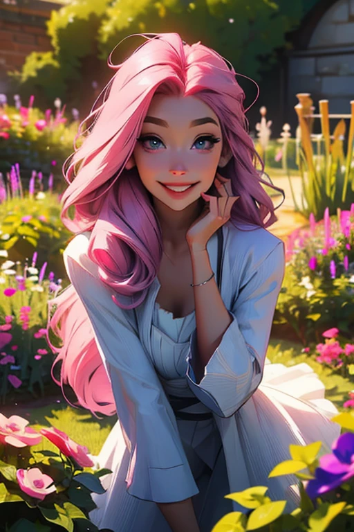 Perfect faces. Perfect hands. A pink haired woman with violet eyes and an hourglass figure is smiling while leaning forward in the garden