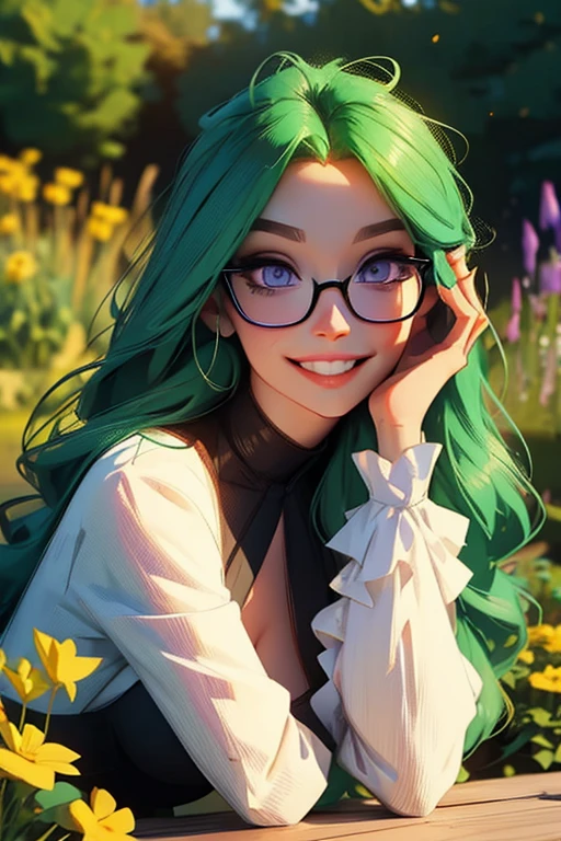 Perfect faces. Perfect hands. A green haired woman with violet eyes and an hourglass figure and glasses is smiling while leaning forward in the garden