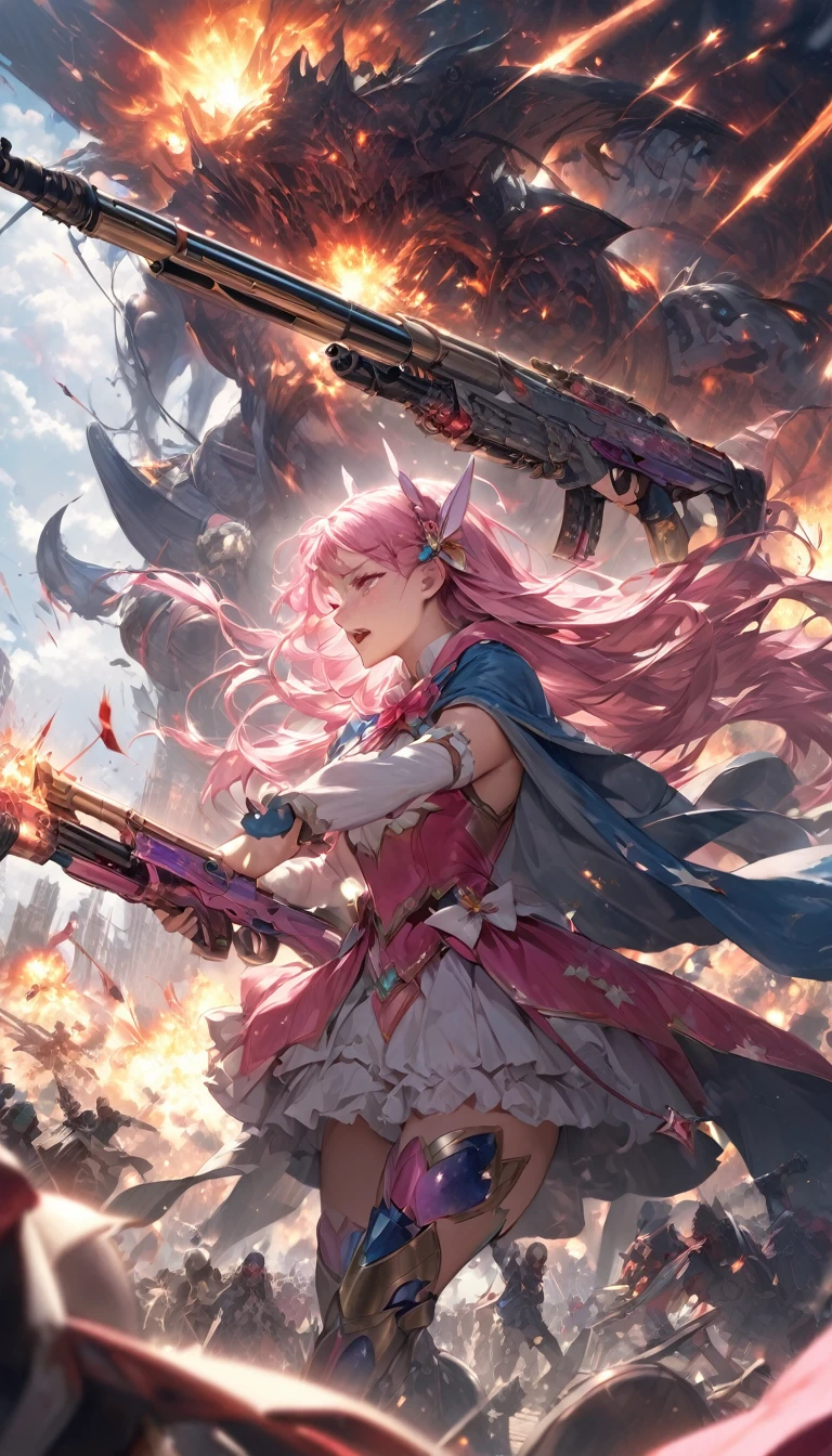 Illustration of two people, Highest quality, Highest quality, detailed, nice, Pink eyes, Pink Hair, Long Hair, Magical girlと側近の少年兵, Magical girlは杖を持っている, Magical girlは防御魔法を召喚, スナイパーrifleを持った側近は笑っている。, headgear, mechanical boot, Cape, Single Pole Drone, war, Blood, rifle, photograph, empty, cruel, kill, Covers fatigue, 衣服についたBlood, panic, security guard, craziness, Insanity, Many corpses, 1 person, Front view, profile, スナイパーrifleを持った側近, Cinema Lighting, 複雑なdetailed, Decoration, Realistic, High facial detail, Portraits, Magical girl, mechanical, monster, kill,Shoot a gun,rifle,explosion, scratch