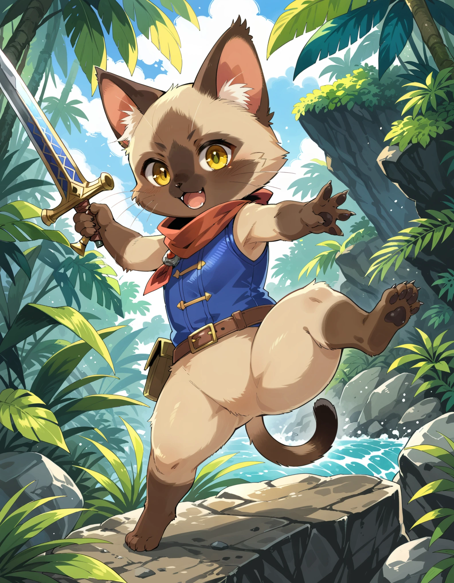 (by Awataguchi Takamitsu, by Hasui Kawase), monster hunter, anthro (palico), siamese cat, yellow eyes, action pose, fantasy weapon, large melee, hunter suit, jungle, rock