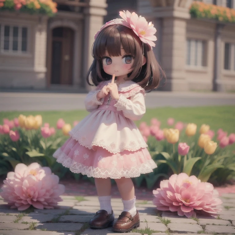 (masterpiece:1.2, Ultra detailed,1.5, unity 8k wallpaper, detailed finger:1.2), Tulips:1.5, Girl, Adorable, flower bed