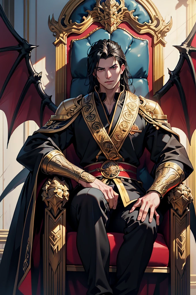 a black-haired blue-eyed young man sitting cross-legged on a golden throne, a large black dragon with smoking red wings surrounding the throne, intricate fantasy palace interior, dramatic lighting, cinematic composition, hyper detailed, 8k, photorealistic, artstation, greg rutkowski, arnold render