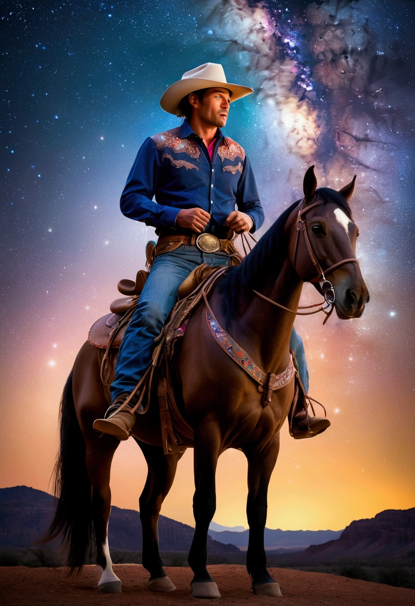 (Western Cowboy with hat), Starry sky, inspired by the glow of colorful distant celestial bodies, lighting up the night sky with a gentle hint of warmth and longing for the beauty that exists far beyond our reach, full body, award-winning, cinematic still, emotional, vignette, dynamic, vivid, (masterpiece, best quality, Professional, perfect composition, very aesthetic, absurdres, ultra-detailed, intricate details:1.3)