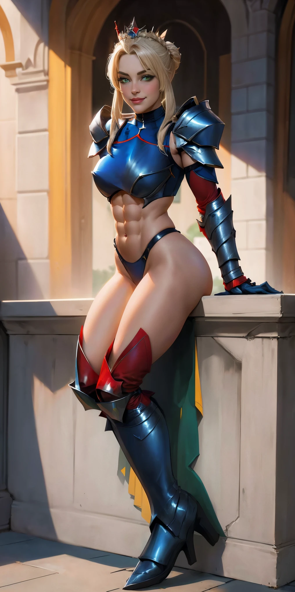 Lancer Artoria body (Alexis Texas Face), elegant adult female, blonde, green eyes (yellow eyelashes) crown, turtleneck, full body sitting on a bench, showing ass to me, RED breastplate, RED skin (1SologirlRED skin:1.2), looking at viewer, shiny, armor, thigh highs, high boots, pauldrons shoulder armor, faulds, poleyn, RED gloves gauntlets, rerebrace, RED military armored boots, yordle muscular lean platinum blonde long twin tails hairstyle at the bedroom lustful smirking smile face red blushed, blush, strong abs, female body builder, tiara, twin drills hair, (masterpiece, best quality, ultra detailed, best shadow)