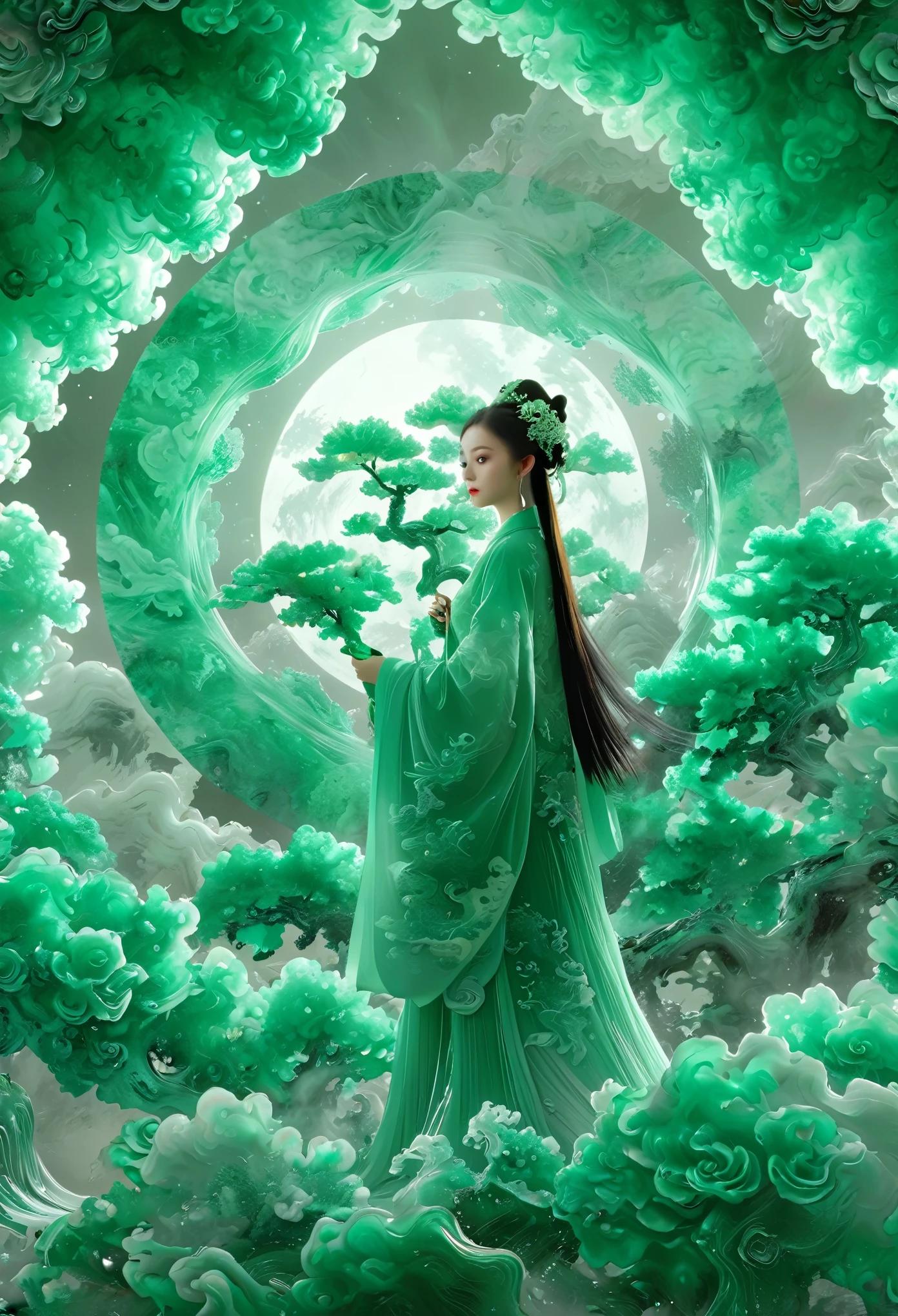 Jade Fractal,luminescent,1 Girl,。(Best quality,4K,8K,A high resolution,Masterpiece:1.2), (Realistic,Photorealistic,photo-realistic:1.37).,Shiny,Exquisite,Monster,Unreal Engine 5,Texture,A three-dimensional character wearinghanfu,minimalism and abstract illustration, chinese ink painting style, chinese xuan paper texture, light penetrate the air, Fractals effect, Phosphore scence effect
