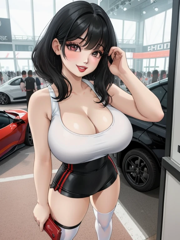 (best quality:1.3), (4K quality), (Detailed face:1.2), (Detailed eyes:1.2), (detailed woman), 1girl, solo, Taiwanese woman, long black hair, With bangs,1 female in, 28 yo, Beautiful face, mascara, long eyelashes, eyeshadow, glossy lips, red lipstick, thrilled smile, she is vey excited, teeth, big breasts, huge bust, deep cleavage, pale skin, ((Wearing: White tight tank top, Tight short-shorts, red high-heel shoes:1.2)), standing. (Background: Indoors, Auto show, Motor show, Convention, Sports car, crowds of people in the surrounding, busy atmosphere). The woman is an a race queen