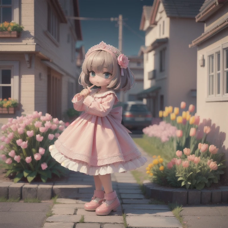 (masterpiece:1.2, Ultra detailed,1.5, unity 8k wallpaper, detailed finger:1.2), Tulips:1.5, Girl, Adorable, Puffy clothes, flower bed