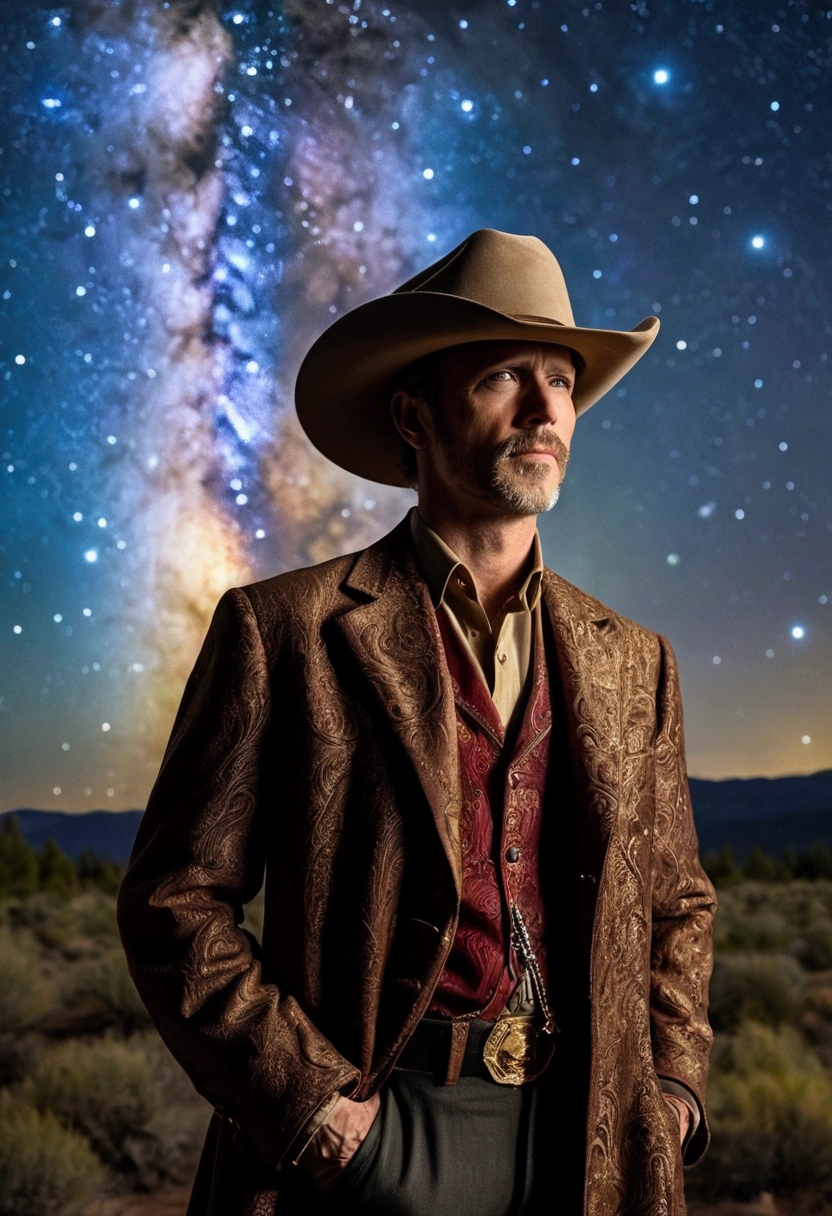 (Western Cowboy with hat), Starry sky, inspired by the glow of distant celestial bodies, lighting up the night sky with a gentle hint of warmth and longing for the beauty that exists far beyond our reach, full body, award-winning, cinematic still, emotional, vignette, dynamic, vivid, (masterpiece, best quality, Professional, perfect composition, very aesthetic, absurdres, ultra-detailed, intricate details:1.3)