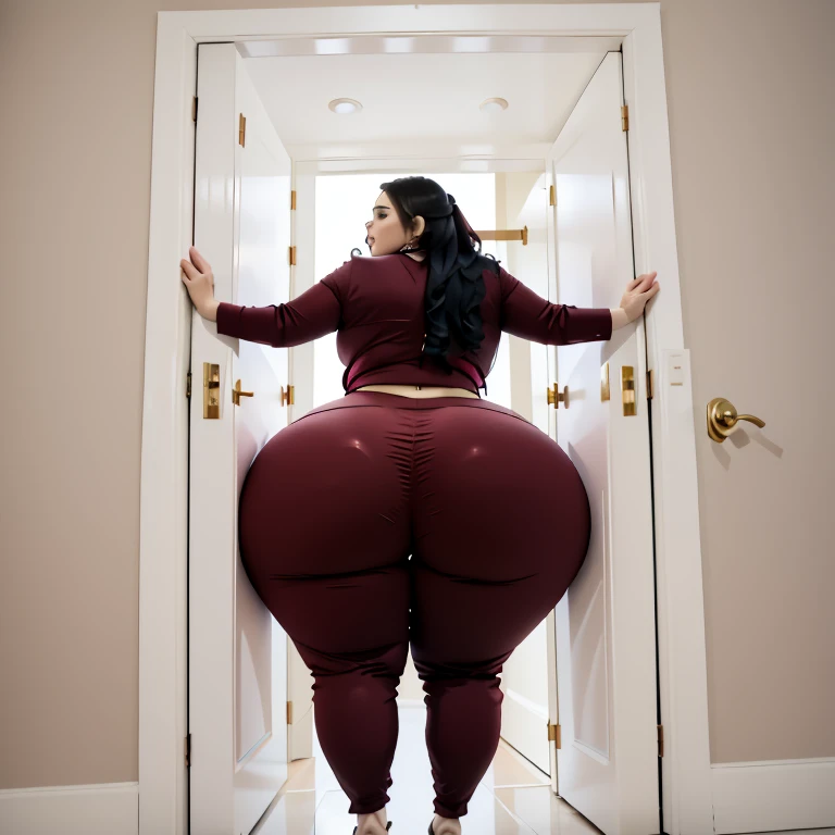 masterpiece, 1girl behind a doorway, from behind, (doorstuck, stuckback:1.3), ssbbw ,huge wide hips, round belly, thick thighs, giant butt,colorful clothing, wearing a maroon red suit and tie and formal pants, upset, desperately trying to wiggle through, she tries to free herself but she won't budge, she is stuck tight view from behind, she is too wide, the doorway is quite narrow too, she kicks her legs furiously, trying to wiggle her hips through the small door, but its no good, the door is too small, she keeps trying to squeeze through with frustration, she is stuck too tight