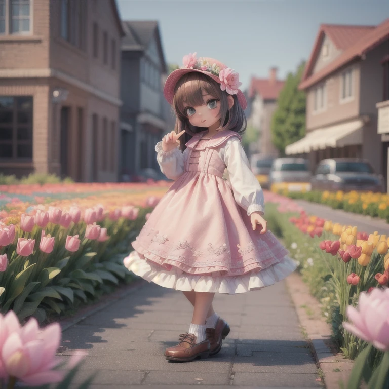 (masterpiece:1.2, Ultra detailed,1.5, unity 8k wallpaper, detailed finger:1.2), Tulips:1.5, Girl, Adorable, Puffy clothes, flower bed