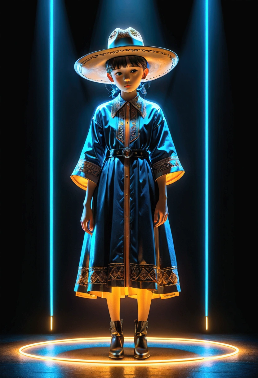 (Western Cowboy with hat), in the style of neon lights, studio photography, photo taken with provia, chiaroscuro portraitures, sombre, full body, award-winning, cinematic still, emotional, vignette, dynamic, vivid, (masterpiece, best quality, Professional, perfect composition, very aesthetic, absurdres, ultra-detailed, intricate details:1.3)