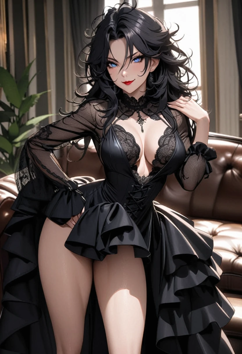 Mature woman, perfect eyes, long black hair, messy hair, blue eyes, normal breasts, clevage, black gothic dress, sexy woman, elegant woman, black eyeliner, puff dress, ruffles and laces, red lips, sexy pose, in the living room, sexy smile, beautiful.