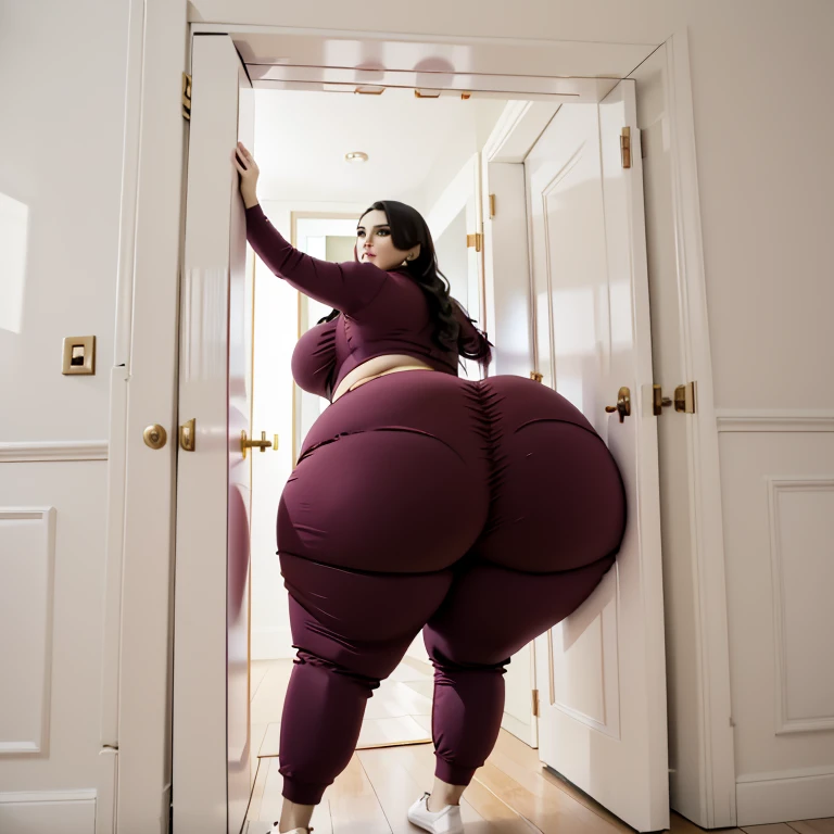 masterpiece, 1girl behind a doorway, from behind, (doorstuck, stuckback:1.3), ssbbw ,huge wide hips, round belly, thick thighs, giant butt,colorful clothing, wearing a maroon red disco suit and tie and formal pants, upset, desperately trying to wiggle through, she tries to free herself but she won't budge, she is stuck tight view from behind, she is too wide, the doorway is quite narrow too, she kicks her legs furiously, trying to wiggle her hips through the small door, but its no good, the door is too small, she keeps trying to squeeze through with frustration, she is stuck too tight