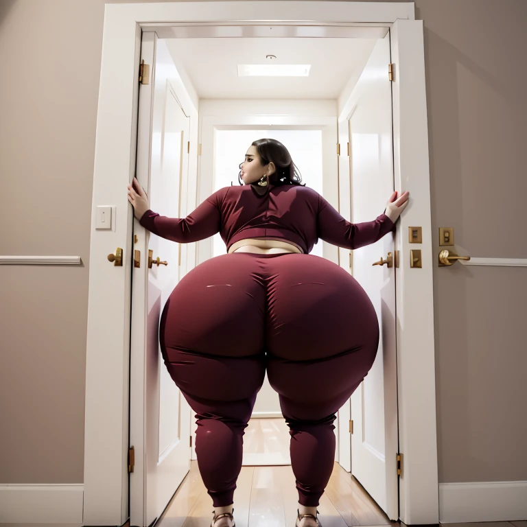 masterpiece, 1girl behind a doorway, from behind, (doorstuck, stuckback:1.3), ssbbw ,huge wide hips, round belly, thick thighs, giant butt,colorful clothing, wearing a maroon red disco suit and tie and formal pants, upset, desperately trying to wiggle through, she tries to free herself but she won't budge, she is stuck tight view from behind, she is too wide, the doorway is quite narrow too, she kicks her legs furiously, trying to wiggle her hips through the small door, but its no good, the door is too small, she keeps trying to squeeze through with frustration, she is stuck too tight
