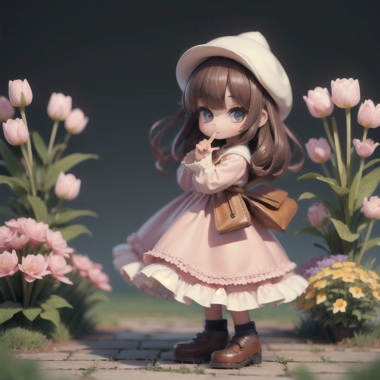 (masterpiece:1.2, Ultra detailed,1.5, unity 8k wallpaper, detailed finger:1.2), Tulip Hat:1.5, Girl, Adorable, Puffy clothes, flower bed