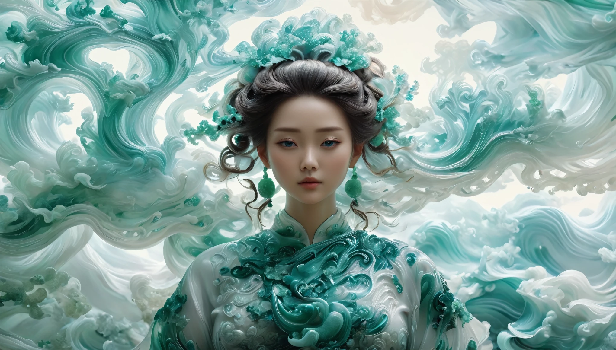 Jade Fractal,luminescent,1 Girl,。(Best quality,4K,8K,A high resolution,Masterpiece:1.2), (Realistic,Photorealistic,photo-realistic:1.37).,Shiny,Exquisite,Monster,Unreal Engine 5,Texture,A three-dimensional character wearinghanfu,minimalism and abstract illustration, chinese ink painting style, chinese xuan paper texture, light penetrate the air, Fractals effect, Phosphore scence effect