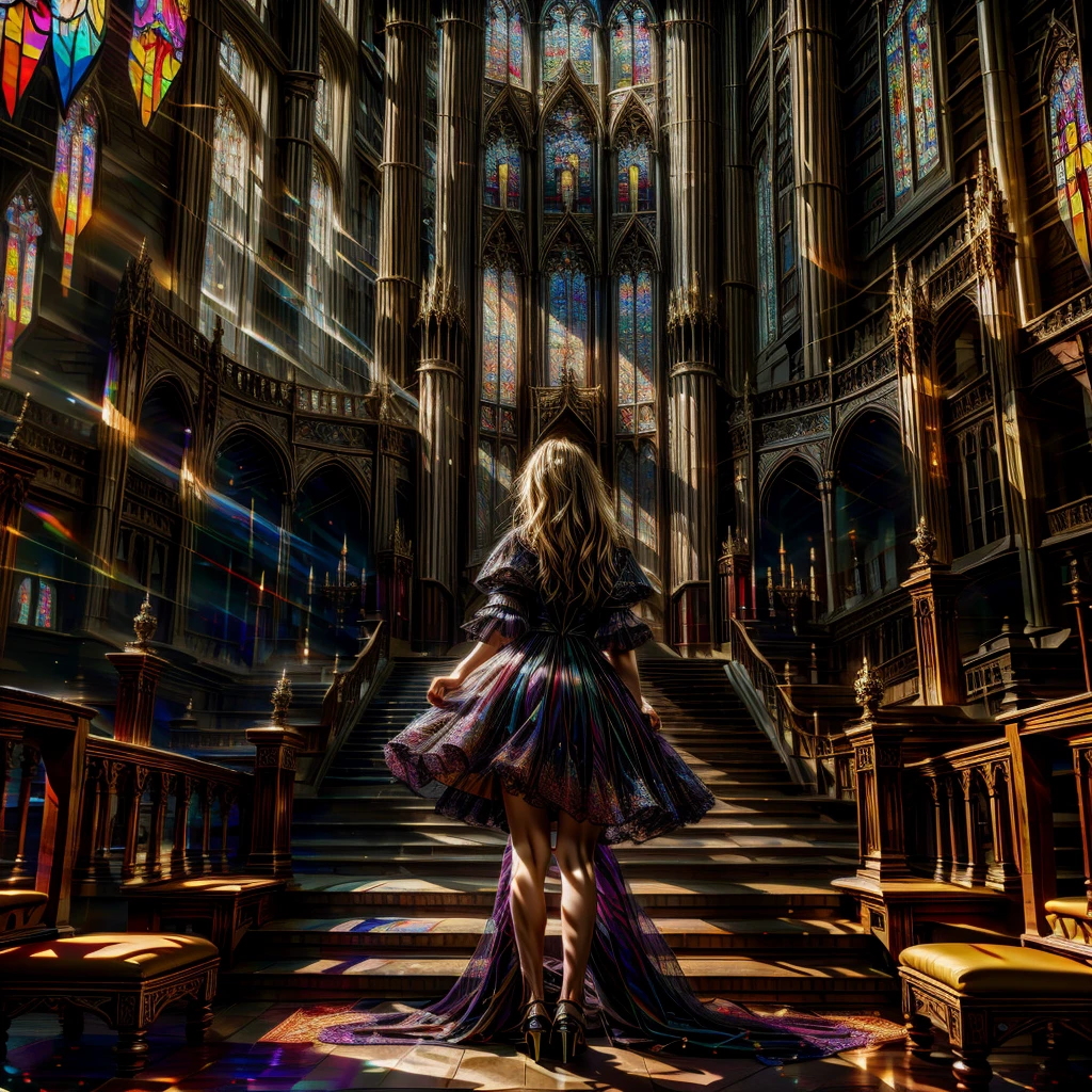  (Cathedral from below:1.28) VolumetricLighting (FullBody ZoomedOut:1.28 Wide-shot) ZoomLayer (BokeH:1.32), TopQuality 8K masterpiece of ((Professional photo)), (((Clarisse de Cagliostro))) (Detailed Delicate Dresses), Chain, Extremely detailed (KAWAII face) {(VeiledFace)|BlondeHair|(Spanking BuleEyes)}, The background is distant (((Elaborate stained glass))) Rainbow Glass, (MysticSight), GodRays, Radiant PearlSkin with Transparency, (Exposed:0.38)