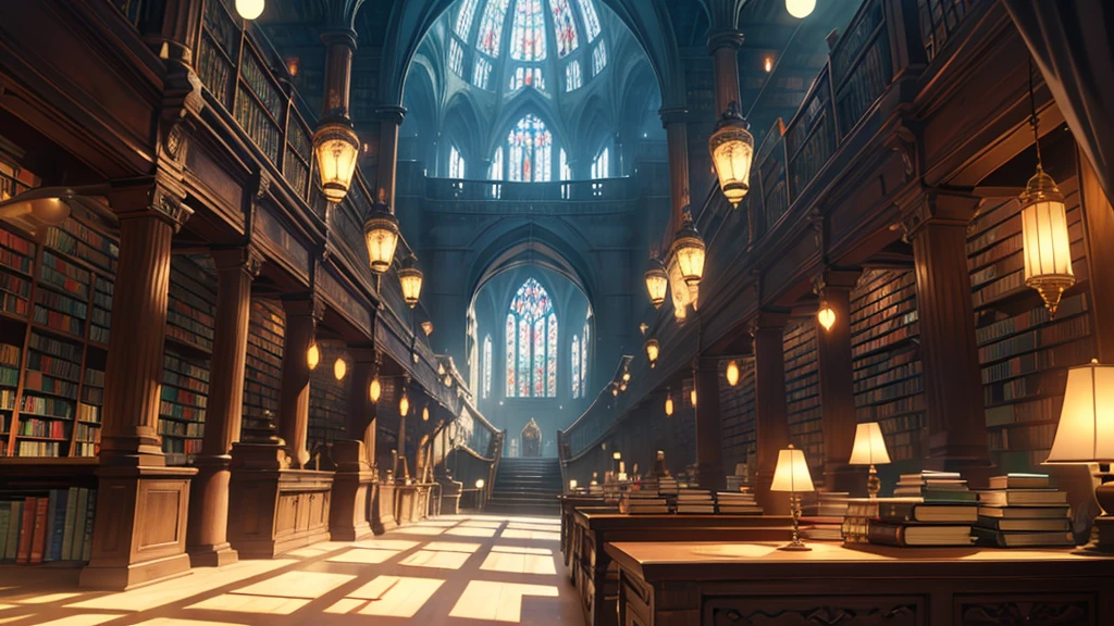 4k ultra HD medieval mystical magical library, rows of wooden shelves lined with different colors and size books, floating glowing orbs, pages of parchment fluttering around in the air around the library