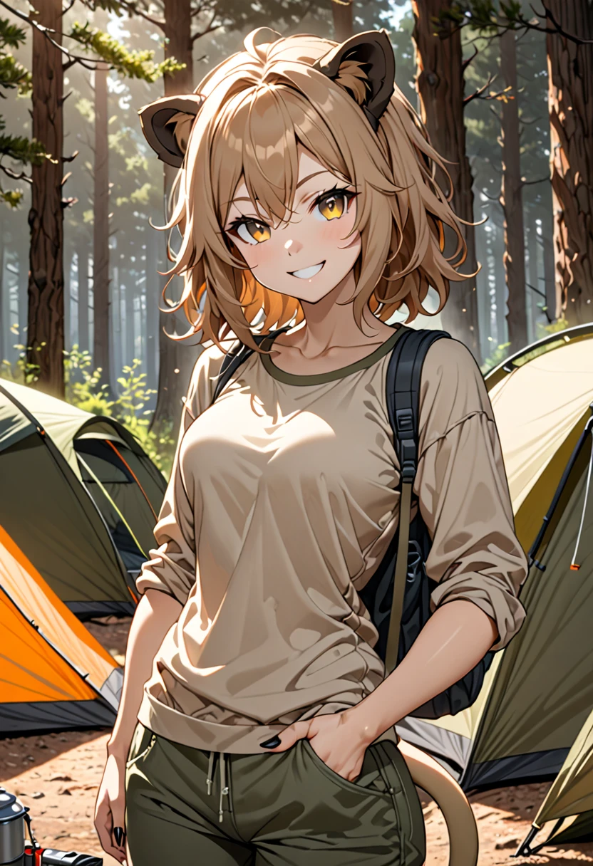 solo female, lion girl, lion ears and tail, short wild sandy hair, hazel eyes, fit, broad shoulders, narrow waist, curvaceous, tomboy, smile, furry claws, medium shot, casual clothes, underbrush, outdoors, camping  