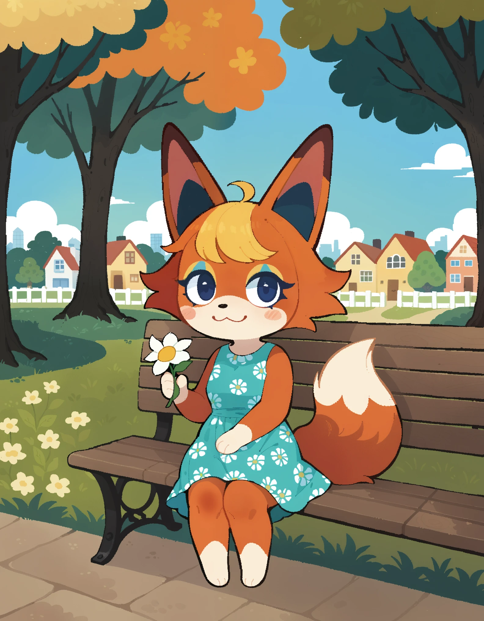 (by Wonderslug, by Youjomodoki), solo toony chibi (audie \(animal crossing\):1.25), fox, orange body, dress, sitting on bench, portrait, holding flower, day, animal crossing city, park, plant