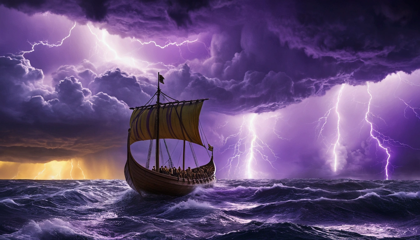 "(This is a cinematic masterpiece with the best quality. It features a breathtaking daytime scene with a clear yellow sky and dramatic storm clouds. The sky is illuminated by majestic purple lightning, and emerging from the storm clouds is a floating Norse longboat.)Show the boat in the right side of picture"