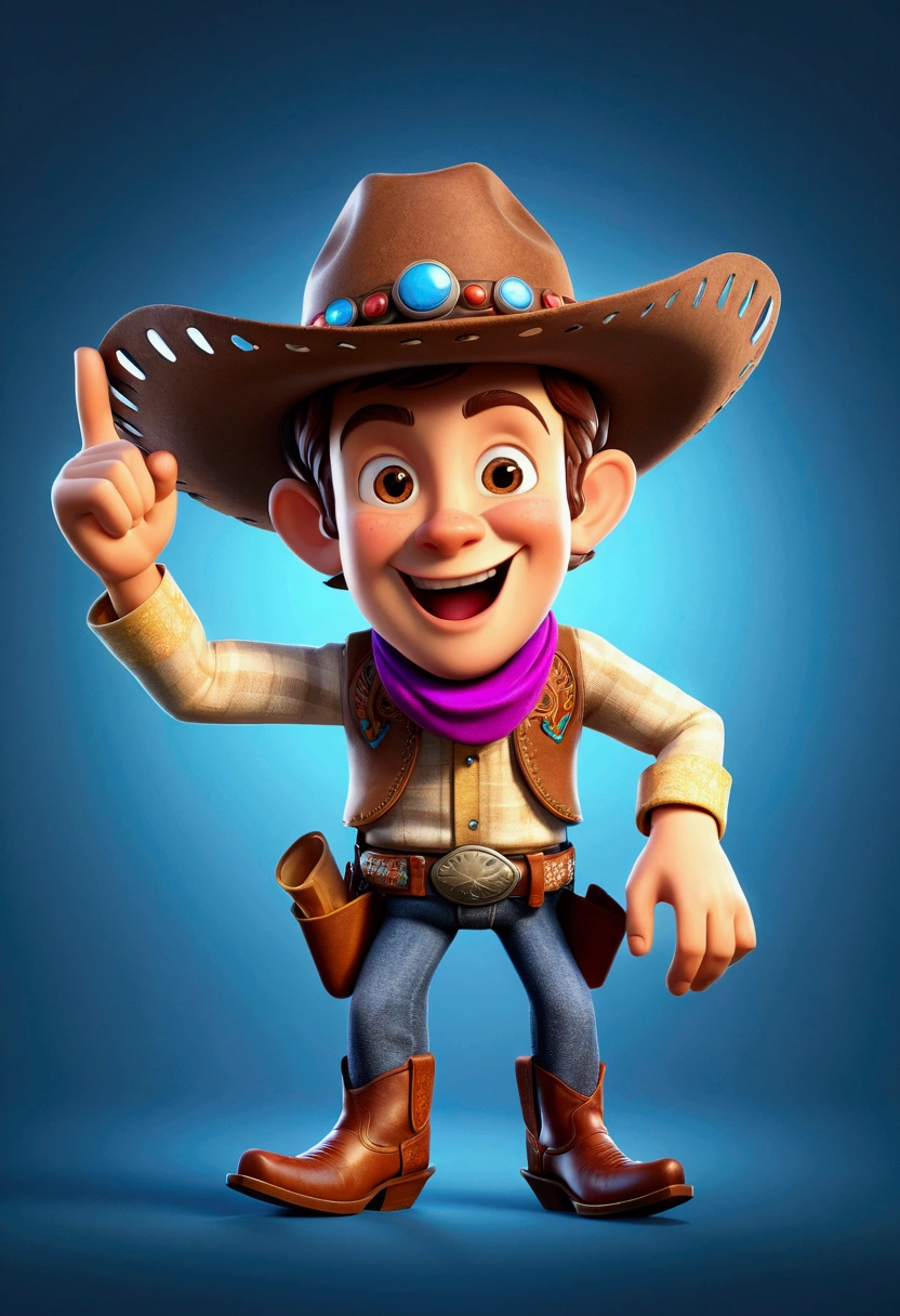 (Western Cowboy with hat), in the style of playful cartoon illustration, realistic and hyper-detailed rendering, interactive media, realistic, detailed rendering, joyful chaos, full body, award-winning, cinematic still, emotional, vignette, dynamic, vivid, (masterpiece, best quality, Professional, perfect composition, very aesthetic, absurdres, ultra-detailed, intricate details:1.3)
