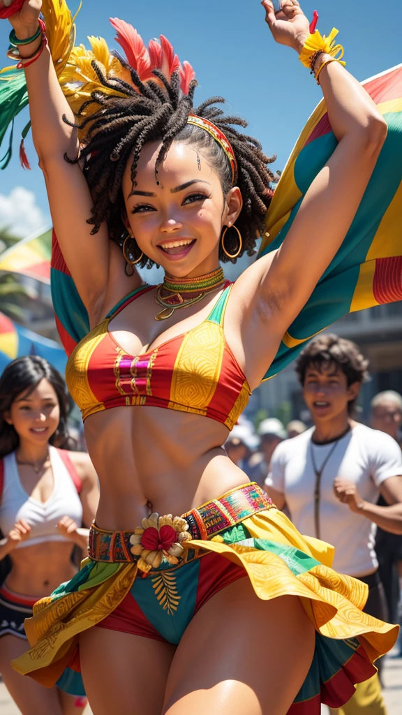 a vibrant square begins to fill with life. In the center of the square, a colorful stage decorated with Senhor do Bonfim ribbons and tropical flowers is ready for the presentation. The first drum beats echo, marking the contagious rhythm of axé. The dancers, dressed in traditional clothing with bright colors and prints that reflect Afro-Brazilian culture, begin to move with a grace and energy that enchants everyone present. Men and women dance with wide smiles on their faces, their skin shining with hot night sweat. Movements are fluid and full of life, with arms that reach to the sky and hips that gyrate in perfect harmony with the music. Women's skirts swirl, Creating a spectacle of colors and shapes, while men perform agile and vigorous steps. Children run among the dancers, imitating the steps with their little legs full of enthusiasm, while the elders look on with pride, remembering the times when they were also protagonists of these celebrations. Musicians, positioned at the back of the stage, play with passion. The atabaque drums, the agogôs and berimbaus create a symphony of sounds that resonate in everyone's hearts. The lead singer's powerful voice rises, singing lyrics that talk about love, joy and resistance, echoing the stories and struggles of the Bahian people.