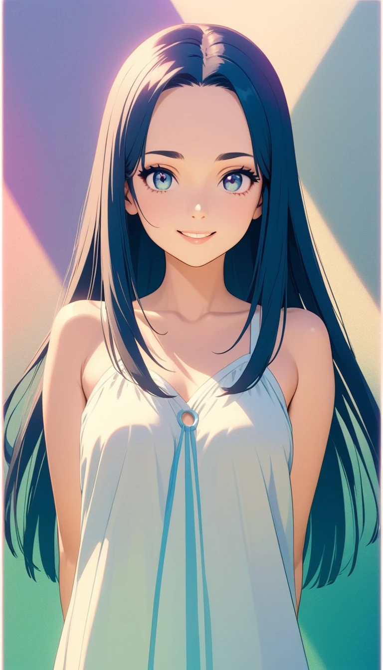 2.5D, delicate and dynamic, neat and pretty young lady, straight hair, forehead, make-up, smile, loose summer dress, manga-style images, shading, contrast magic, pale colors effects