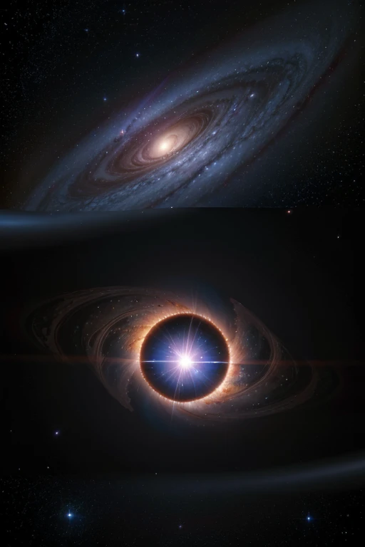 "A stunning image of a black hole in space, with a glowing accretion disk surrounding it and stars and galaxies in the background, highlighting the vastness and mystery of the cosmos.