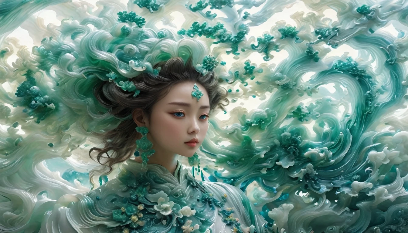 Jade Fractal,luminescent,1 Girl,。(Best quality,4K,8K,A high resolution,Masterpiece:1.2), (Realistic,Photorealistic,photo-realistic:1.37).,Shiny,Exquisite,Monster,Unreal Engine 5,Texture,A three-dimensional character wearinghanfu,minimalism and abstract illustration, chinese ink painting style, chinese xuan paper texture, light penetrate the air, Fractals effect, Phosphore scence effect