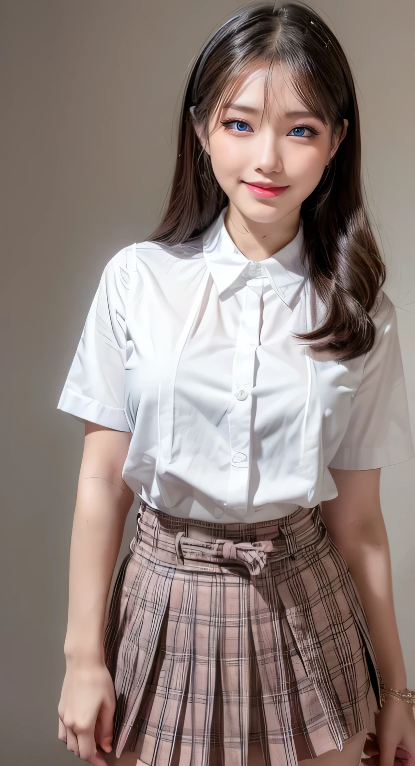 (High resolution photo, bust, 1 girl, 28 years old, woman, facial details, baby fat, waist accessories, smile, showing less teeth, white skin, upper body, School Attire with mini pleated skirt, model pose, studio lighting)
