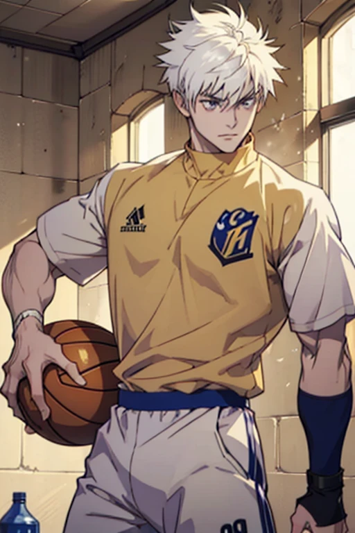 masterpiece, Anime CG, boys, Short White Spiky Hair, Wheat Bran, muscle, sports boys, Wearing basketball uniform, Smooth texture, Silk texture , Golden pupils, Perfect eyes