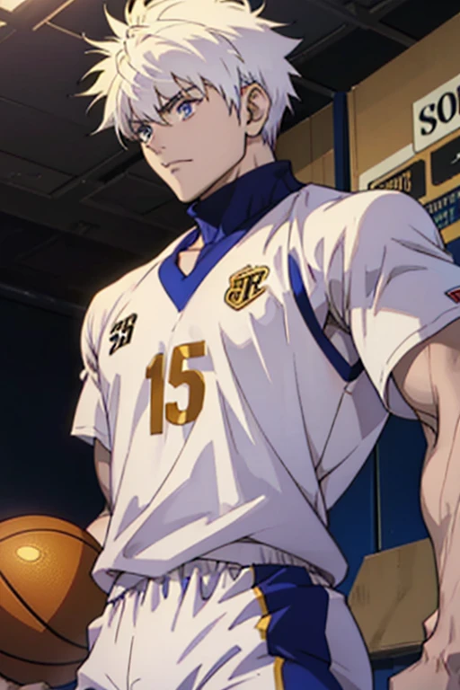 masterpiece, Anime CG, boys, Short White Spiky Hair, Wheat Bran, muscle, sports boys, Wearing basketball uniform, Smooth texture, Silk texture , Golden pupils, Perfect eyes