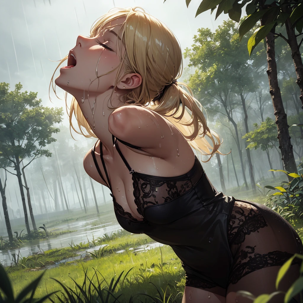Muddy, wet, drowned in mud, bog, grass, trees, muck, orgasm, looking up, eyes closed, mouth open, Solo, From Side, wearing black lingerie, blonde hair in ponytail, midday, rainy weather
