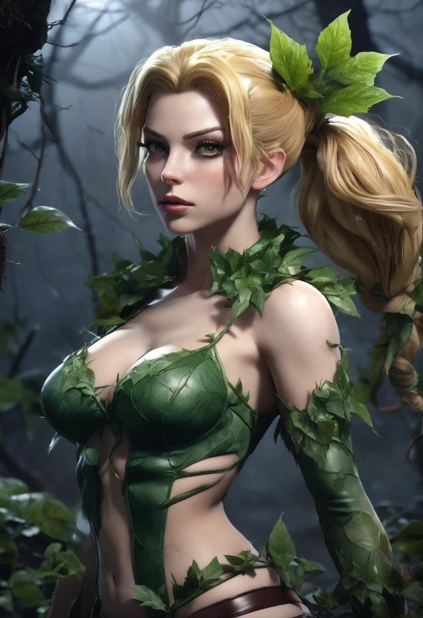 1 woman, nocturnal environment, wearing DC female version Poison Ivy costume, female body, detailed facial features, feminine light brown eyes, detailed white skin, blonde hair tied in two low ponytails, image showing full body, dramatic lighting, composition cinematic, cold palette, dark colors, atmospheric fog, strong body, thin chin, serious face, adult woman, (best quality, 4K, 8K, high resolution, art: 1.2), ultra-detailed, (realistic, photorealistic, photorealistic: 1.37)