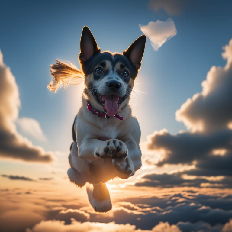 beautiful puppy dog,(((jumping through the clouds))), happy, ultra definition, (eye detail, nose and tongue) ((realistic hair)), View from a drone,