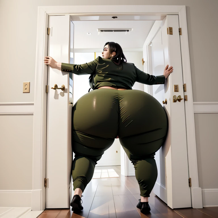 masterpiece, 1girl behind a doorway, from behind, (doorstuck, stuckback:1.3), ssbbw ,huge wide hips, round belly, thick thighs, giant butt,colorful clothing, wearing a olive green suit and tie and formal pants, upset, desperately trying to wiggle through, she tries to free herself but she won't budge, she is stuck tight view from behind, she is too wide, the doorway is quite narrow too, she kicks her legs furiously, trying to wiggle her hips through the small door, but its no good, the door is too small, she keeps trying to squeeze through with frustration, she is stuck too tight