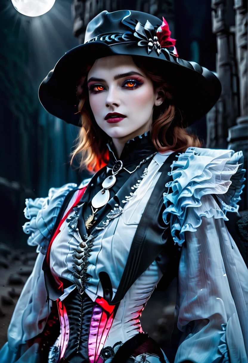 (Victorian photograph style: 1.5) picture of a female vampire cowboy in the desert night, a goth beauty, exquisite beautiful female vampire, ((anatomically correct: 1.5), (ultra detailed face: 1.2), best detailed face, red glowing eyes, full body, busty, wearing white bottom shirt, short skirt, dynamic color. wearing (cowboy hat: 1.2), wearing high heeled boots, wearing open black trench coat, flowing trench coat,  it is night time in the desert, moon light. moon rays, west America desert canyon background, Hyperrealism style, vibrant, Ultra-high resolution, High Contrast, (masterpiece:1.5), highest quality, Best aesthetics), best details, best quality, highres, ultra wide angle, 16k, [ultra detailed], masterpiece, best quality, (extremely detailed) RAW, chumbasket art style, rpg portrait photograph, BloodSoakedAI, victorianstyle
