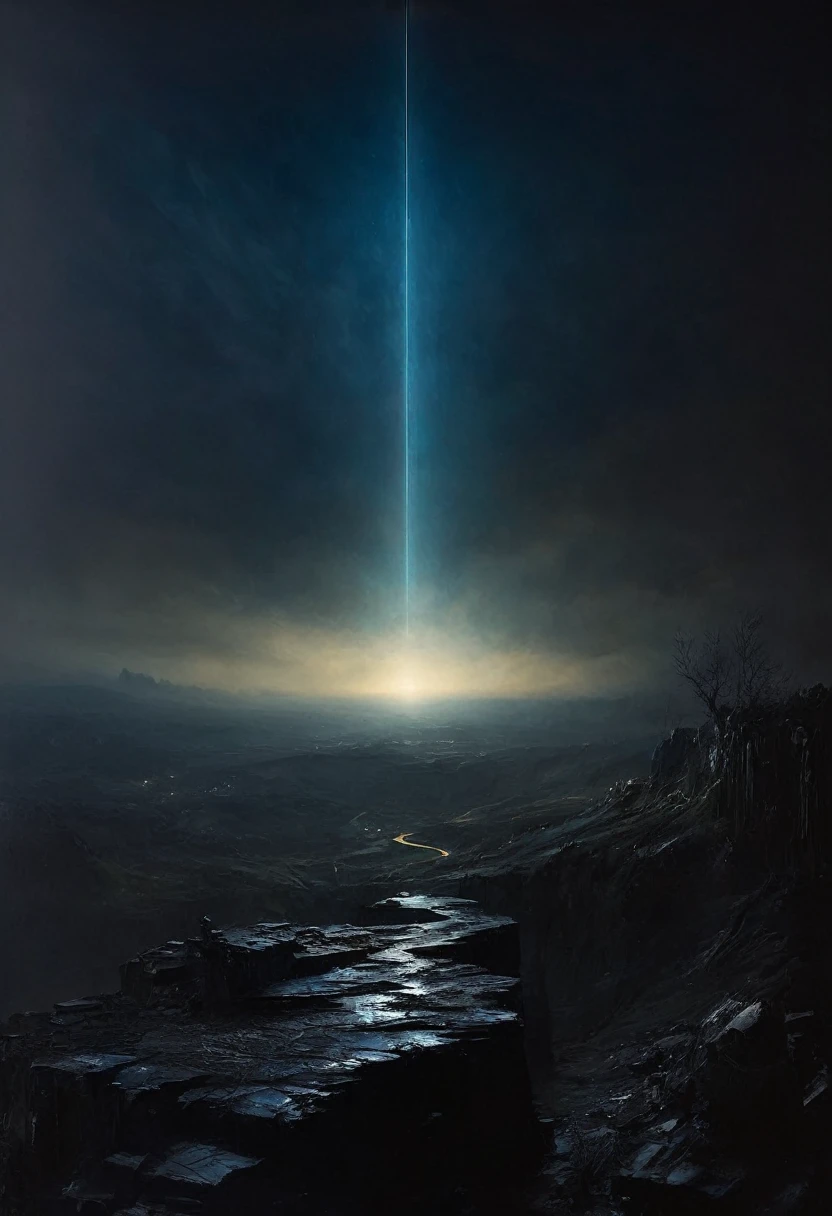 painting of a dark gloomy world. viewpoint from the universe, Inspiration, cinematic scene, volumetric lights, ultra realistic, in the style of nicola samori