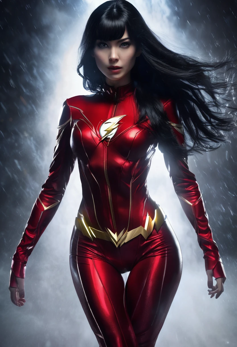 1 woman, night environment, wearing a flash costume in red tones female version of DC, female body, detailed facial features, feminine gray eyes, detailed white skin, very long black hair with bangs and straight, image showing full body, dramatic lighting, composition cinematic, cold palette, dark colors, atmospheric fog, strong body, thin chin, serious face, adult woman, (best quality, 4K, 8K, high resolution, art: 1.2), ultra-detailed, (realistic, photorealistic, photorealistic: 1, 37)